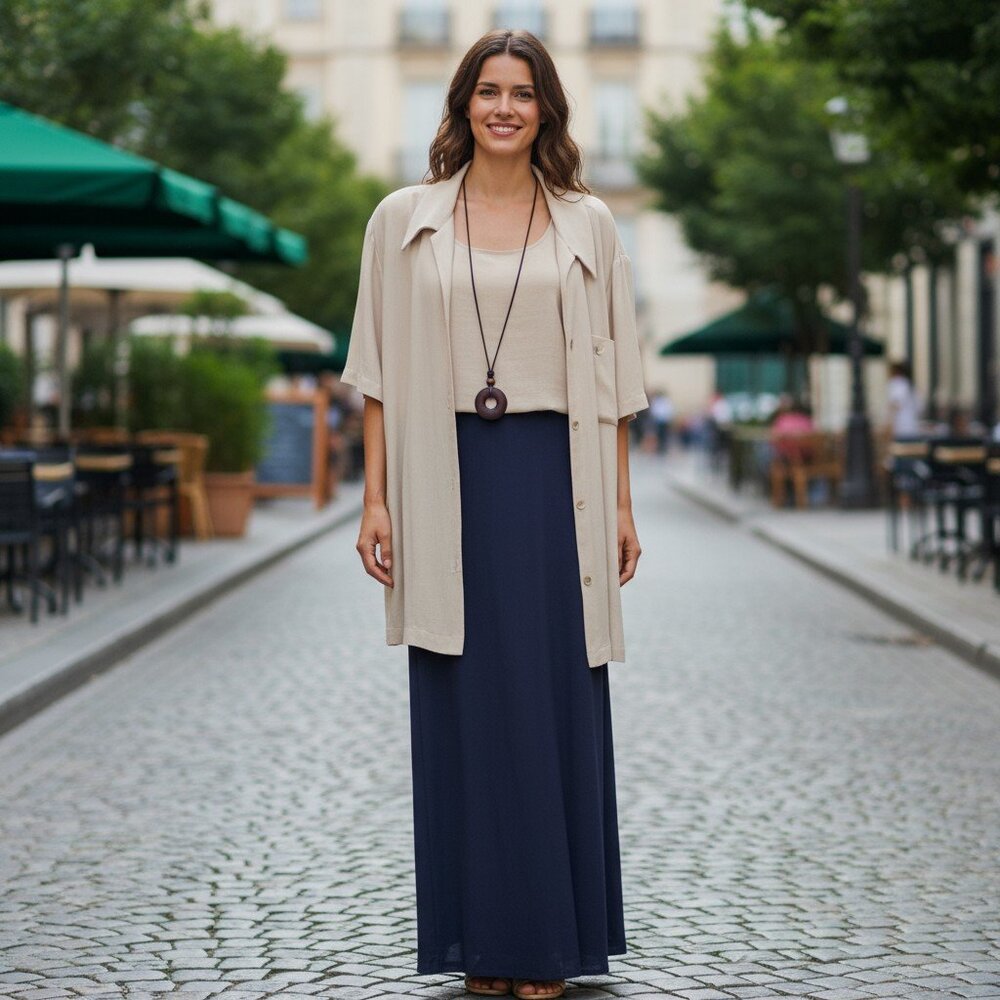 VTG CHRISTY LYN 2 Pc Maxi Dress Jacket Shirt Set Women's 20W Tan Black Necklace